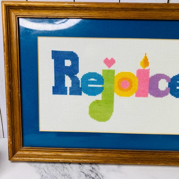 Rejoice Cross Stitch Framed Needlepoint Vintage Wall Decor 17x11 Rainbow 80s - Picture 3 of 9